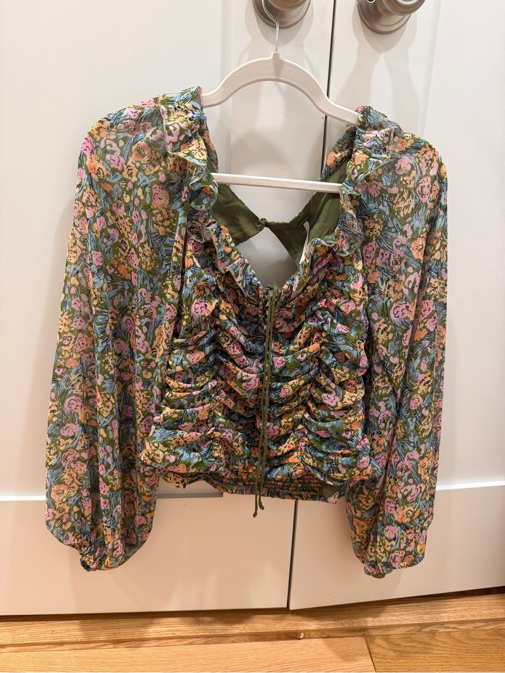Free People Olive Green size small Floral Ruffle Tie-Front Blouse